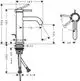 Waschtischmischer von Hansgrohe mit Hebel und Auslauf in chrom, schematische Darstellung mit Maßen und Anschlussdetails, geeignet für Montage an Waschbecken.